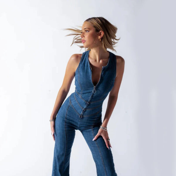 Summer Slim Heart-shape Backless Denim Jumpsuit Women Halter Neck Zip Up High Waist Panst Retro Style Clothing - Image 5