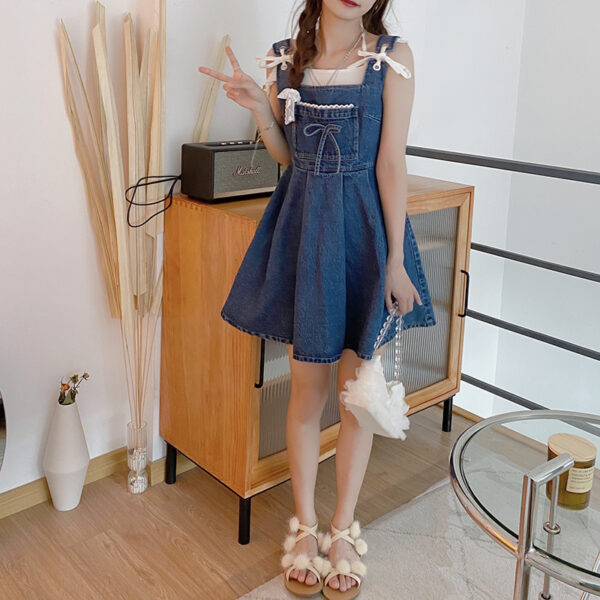 Fashion Ladies Lace Denim Strap Dress - Image 6