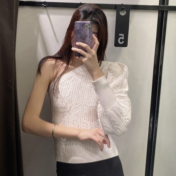 Ladies White Strapless Asymmetric Sweater