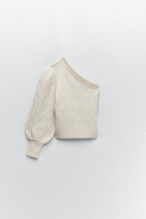 Ladies White Strapless Asymmetric Sweater - Image 4