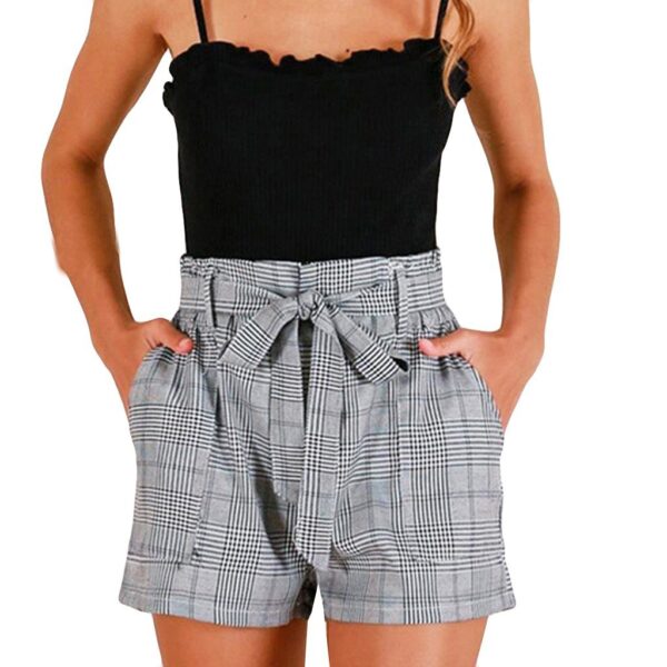 Ladies Plaid Elastic Belt Pocket Cotton Linen Shorts - Image 2