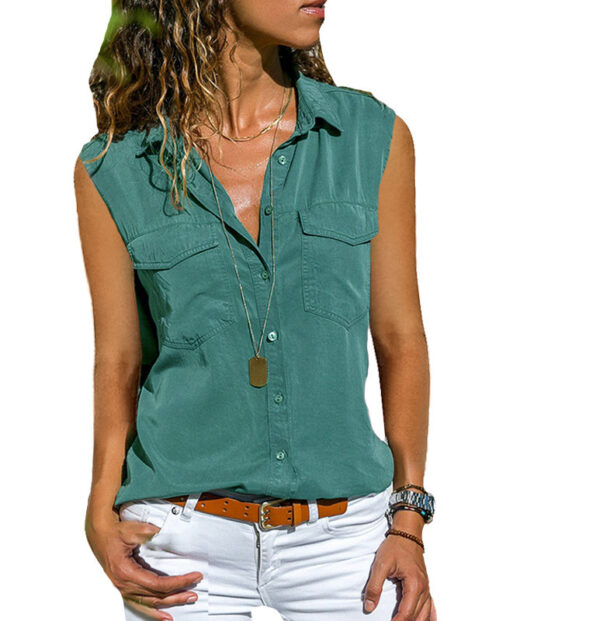 Ladies Top Lapel Solid Color Sleeveless Shirt - Image 8