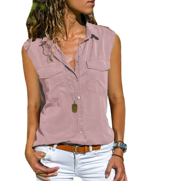 Ladies Top Lapel Solid Color Sleeveless Shirt - Image 2