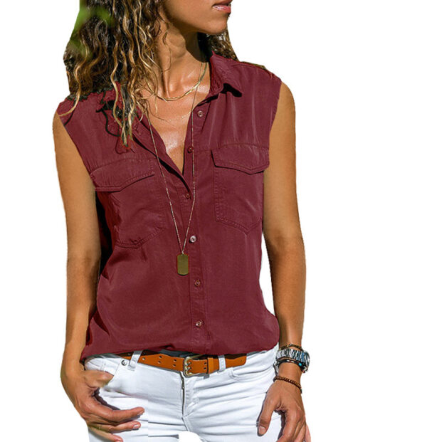 Ladies Top Lapel Solid Color Sleeveless Shirt - Image 6