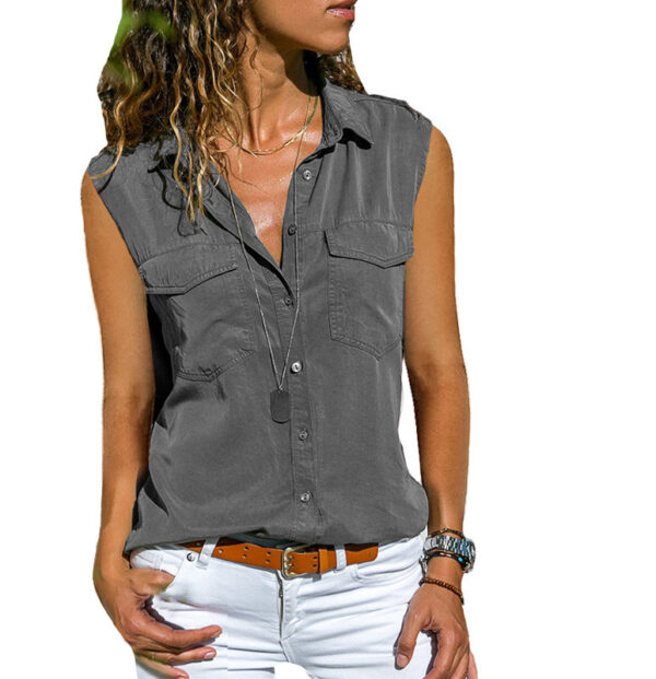 Ladies Top Lapel Solid Color Sleeveless Shirt - Image 4