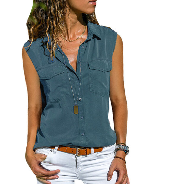 Ladies Top Lapel Solid Color Sleeveless Shirt - Image 3