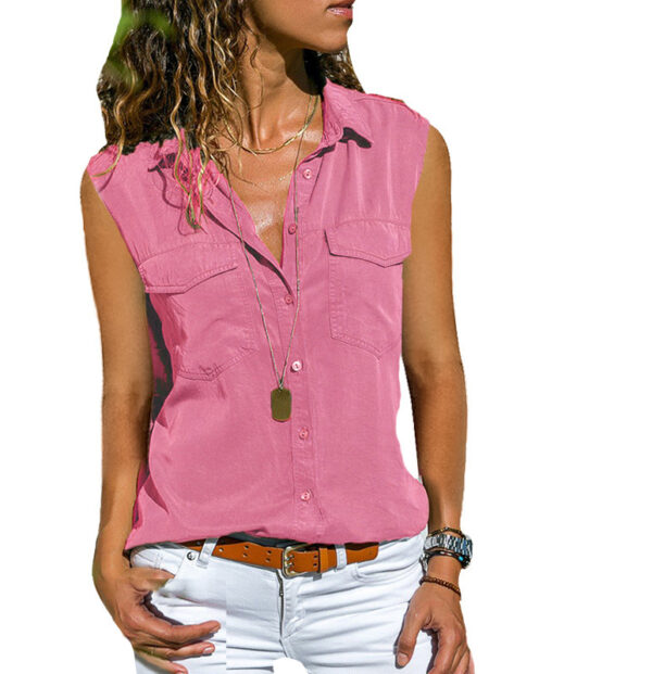 Ladies Top Lapel Solid Color Sleeveless Shirt - Image 5