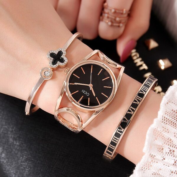 watchNew Style Ladies Watch Three-Piece Fashion Ladies Watch Trendy Ladies Bracelet Set Round Hollow Watch - Image 3