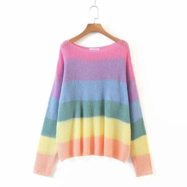 Rainbow Striped Pullover Ladies Sweater - Image 2