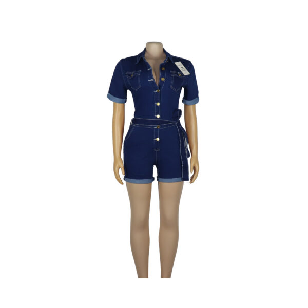 Blue Short Sleeve Shorts Rompers Fashion Elastic Lapel Button Slim Fit Jumpsuit Ladies Vestidos - Image 5