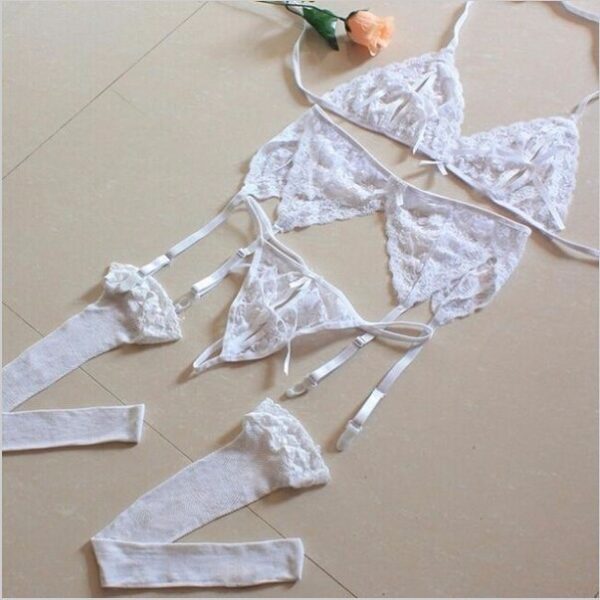 Sexy Lingerie Chiffon Underwear Sleepwear Lingerie Hot Erotic Bra G-string Garter Set - Image 6