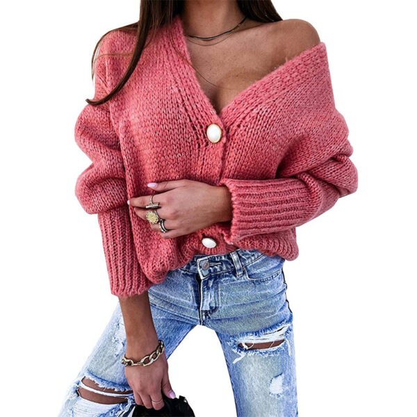 New Sweater Cardigan Solid Color V-neck Button Knitted Sweater For Ladies - Image 3