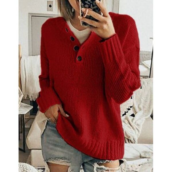 Pure color simple V-neck button ladies sweater - Image 5