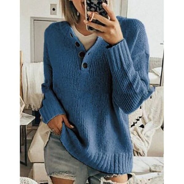 Pure color simple V-neck button ladies sweater - Image 3