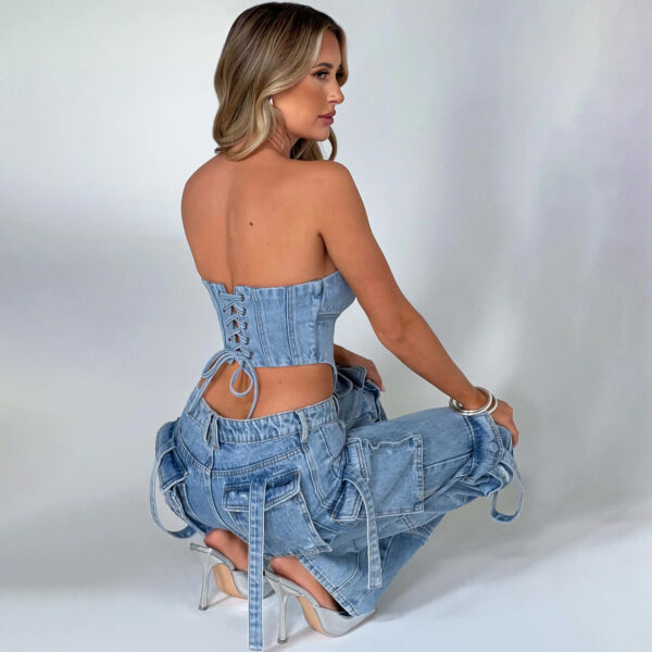 2Pcs Denim Suits Summer Sexy Backless Tube Top And Multi-pocket Straight Trousers Fashion Long Pants Suit Womens Clothing - Image 8