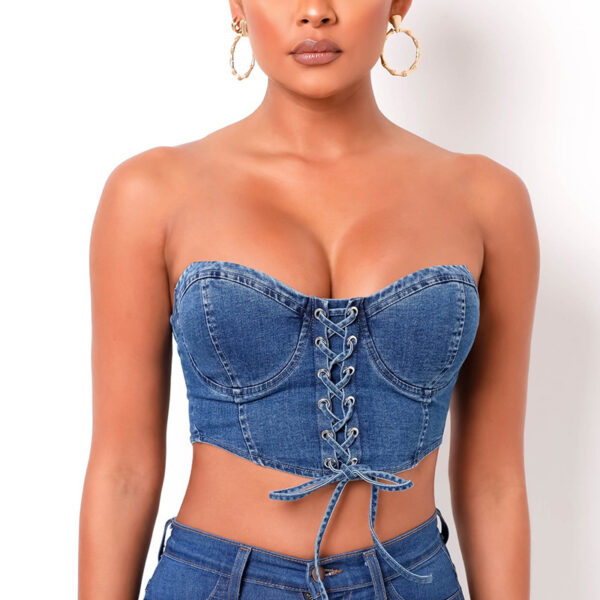 Ladies Sexy Cross-lace Denim Short Vest - Image 5