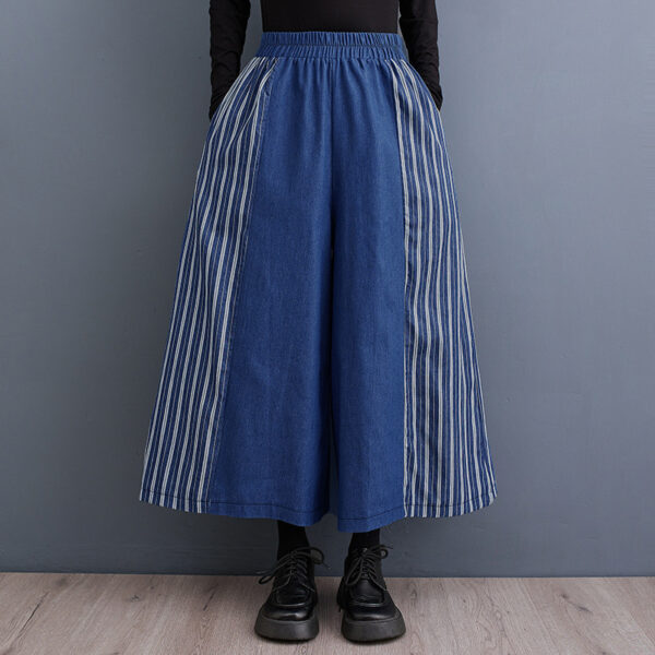 Autumn Clothing Casual Patchwork Striped Denim Fashionable Wide Leg Pants - Image 4