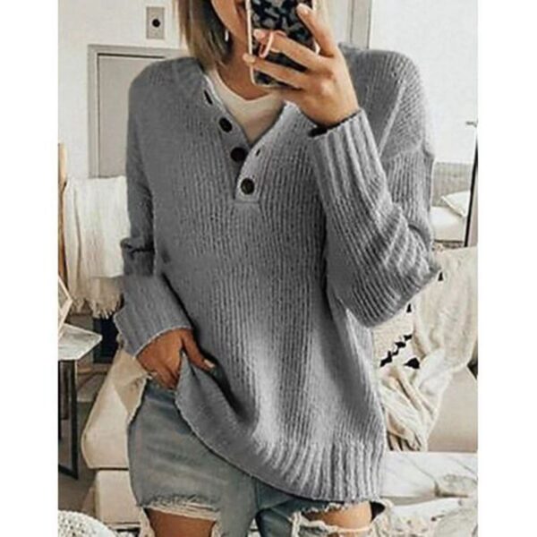 Pure color simple V-neck button ladies sweater - Image 2