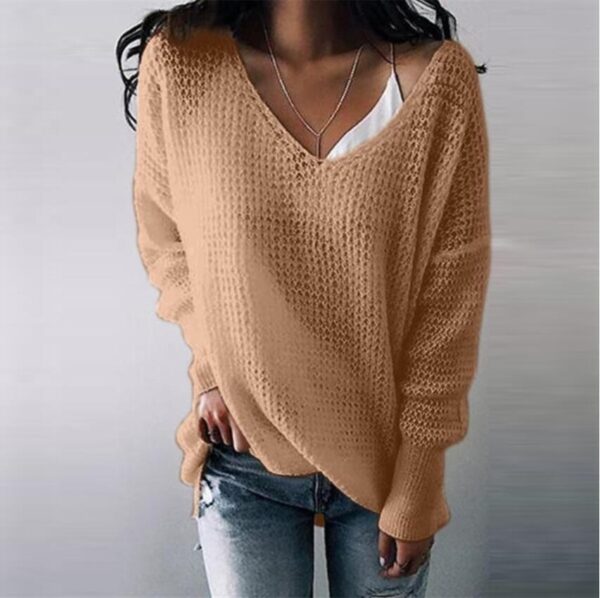 Solid Color V-neck Mid-length Ladies Top Sweater - Image 5