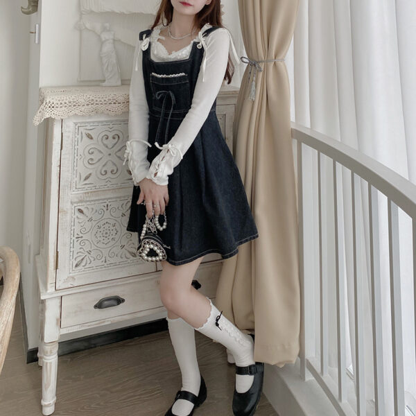 Fashion Ladies Lace Denim Strap Dress - Image 3