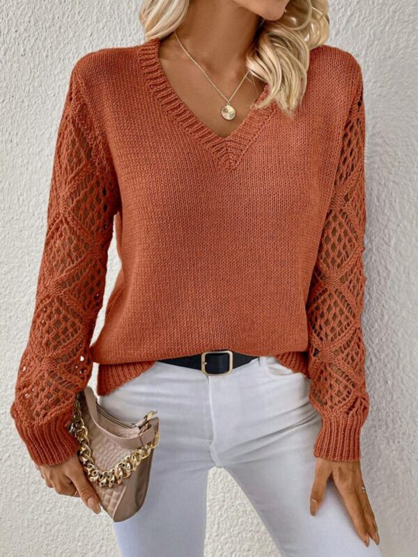 Solid V-neck Pullover Sweater With Hollow Long Sleeve Fashion Tops For Women Clothing - Image 4