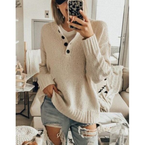 Pure color simple V-neck button ladies sweater - Image 6