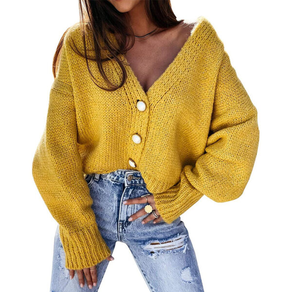 New Sweater Cardigan Solid Color V-neck Button Knitted Sweater For Ladies - Image 7