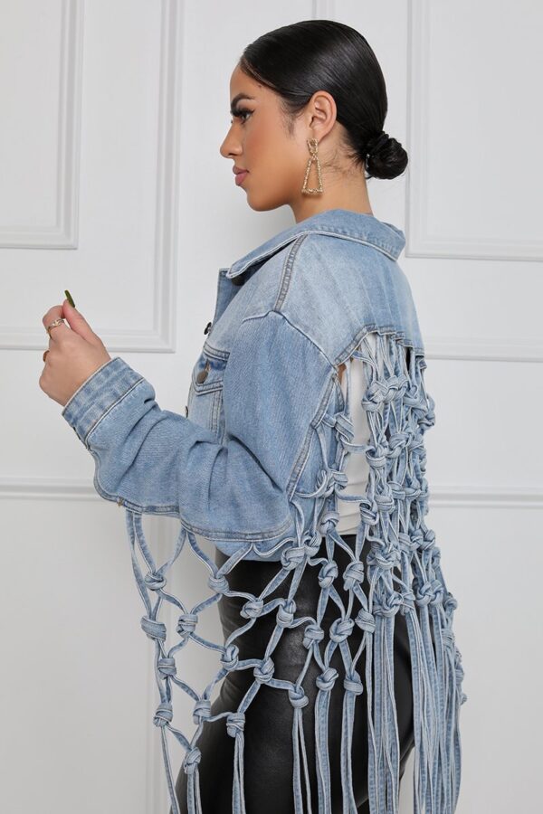 Fashion Ladies Mesh Fringed Denim Jacket - Image 5