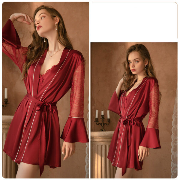 Deep V Lace Satin Nightdress Loungewear Set - Image 3