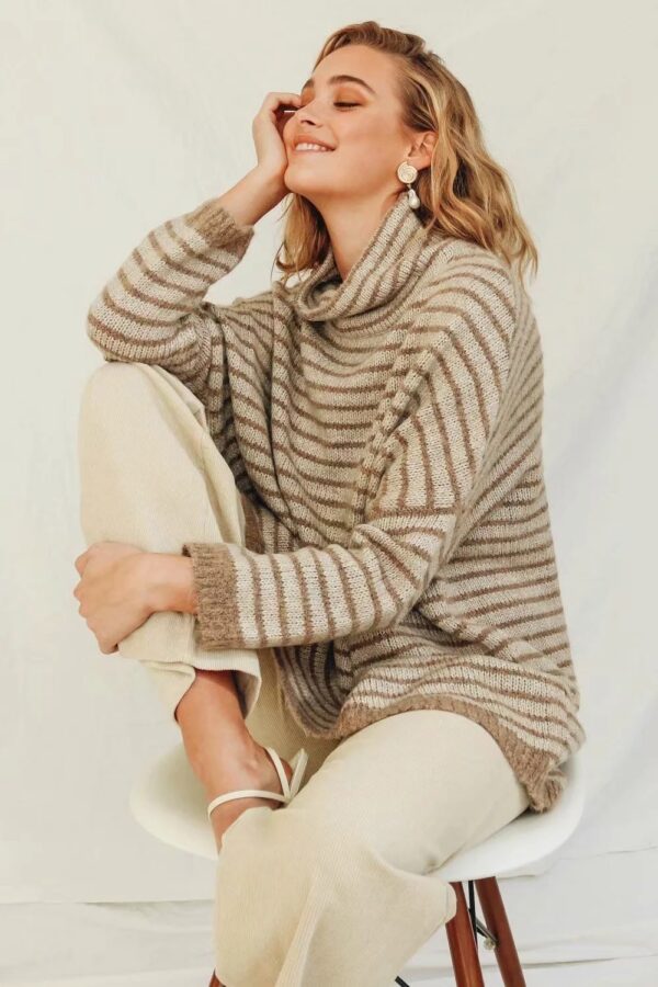 Ladies Striped Turtleneck Loose Bat Sleeve Sweater - Image 2