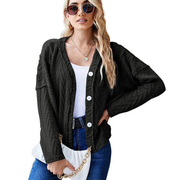 Ladies Sweet Jacquard Fabric V Neck Long Sleeve Short Sweater Jacket