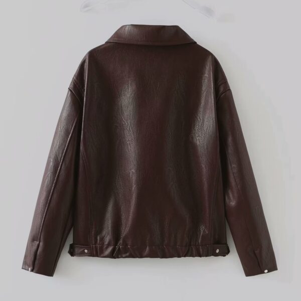 Solid Color Lapel Zipper Jacket Fashion Casual Long Sleeve Leather Coat Tops Women Clothing - Image 8