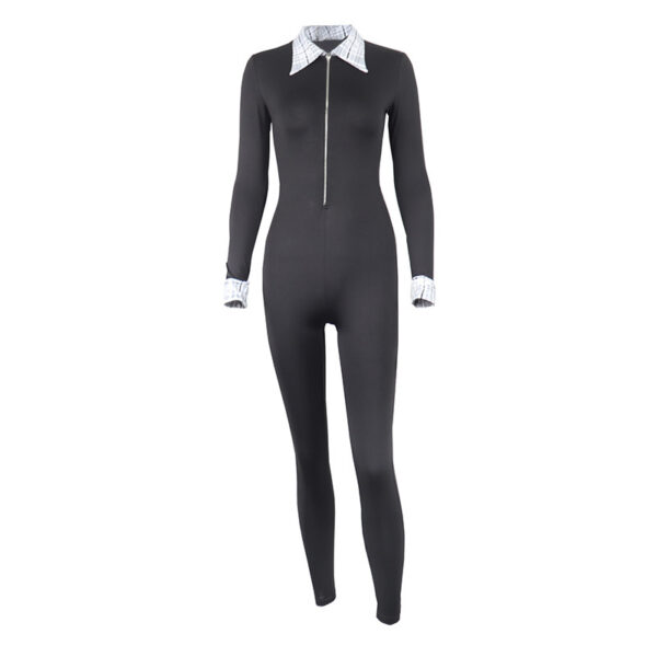 Solid Color Lapel Zip Tight Stretch Long Sleeve Yoga Dress Jumpsuit - Image 6