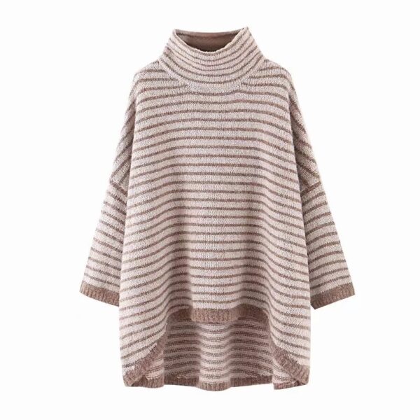 Ladies Striped Turtleneck Loose Bat Sleeve Sweater - Image 5