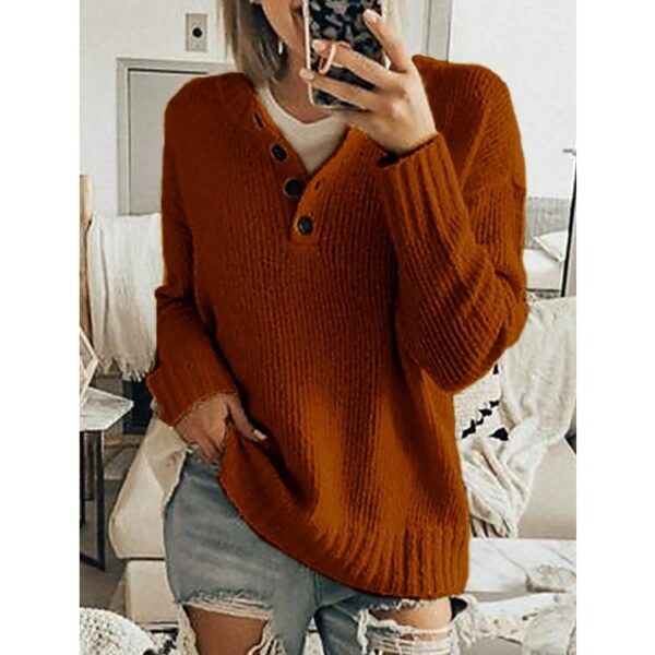 Pure color simple V-neck button ladies sweater