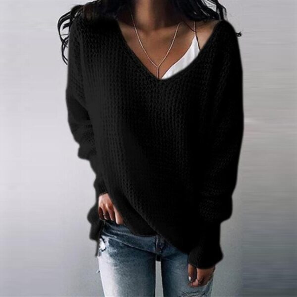 Solid Color V-neck Mid-length Ladies Top Sweater - Image 4