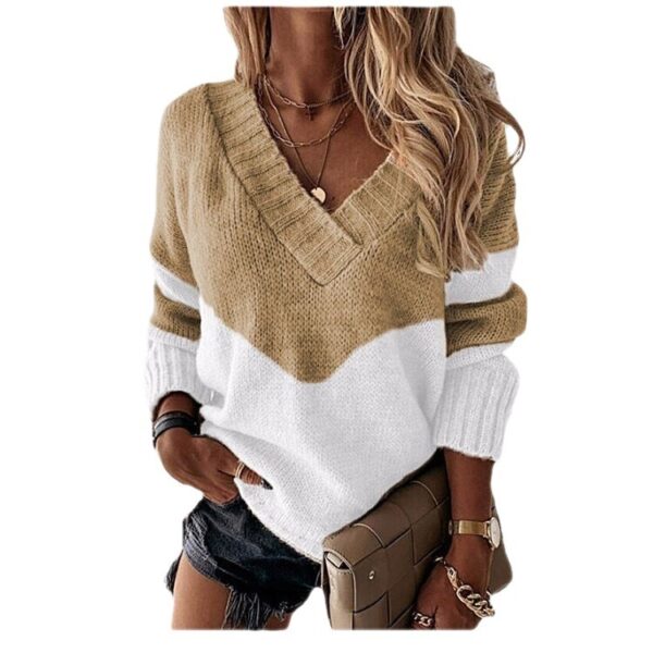 Women's V Neck Stitching Contrast Color Long Sleeved Sweater Ladies Top - Image 7