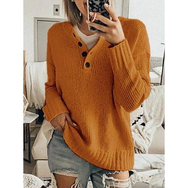 Pure color simple V-neck button ladies sweater - Image 4