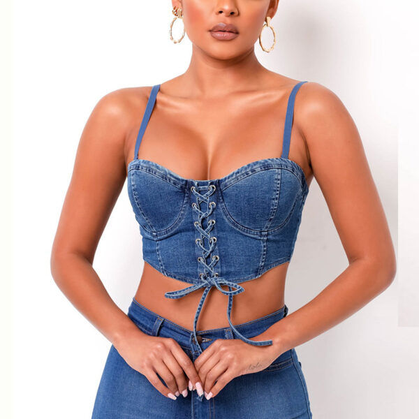 Ladies Sexy Cross-lace Denim Short Vest - Image 2