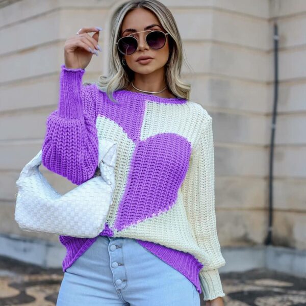 Ladies Elegant Flare Sleeve Love Contrast Color Knitted Sweater - Image 6