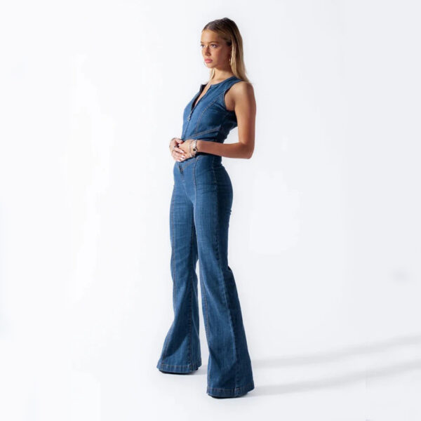 Summer Slim Heart-shape Backless Denim Jumpsuit Women Halter Neck Zip Up High Waist Panst Retro Style Clothing - Image 3