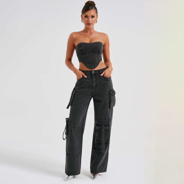 2Pcs Denim Suits Summer Sexy Backless Tube Top And Multi-pocket Straight Trousers Fashion Long Pants Suit Womens Clothing - Image 10