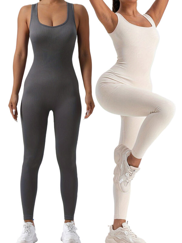 2 Pack Women's Ribbed Solid Color One-Piece Jumpsuit, Form-Fitting Sensual Activewear, Classic Sleeveless Full-Length Pants For Sport Casual Wear - Image 3