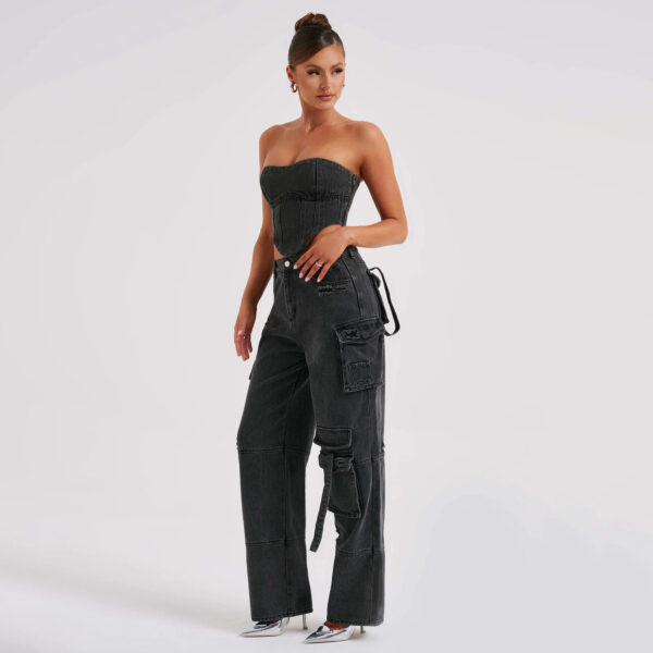 2Pcs Denim Suits Summer Sexy Backless Tube Top And Multi-pocket Straight Trousers Fashion Long Pants Suit Womens Clothing - Image 6