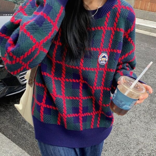 Retro Navy Blue Plaid Ladies Sweater - Image 3