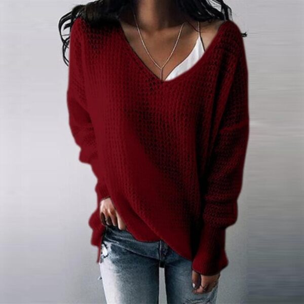 Solid Color V-neck Mid-length Ladies Top Sweater - Image 2