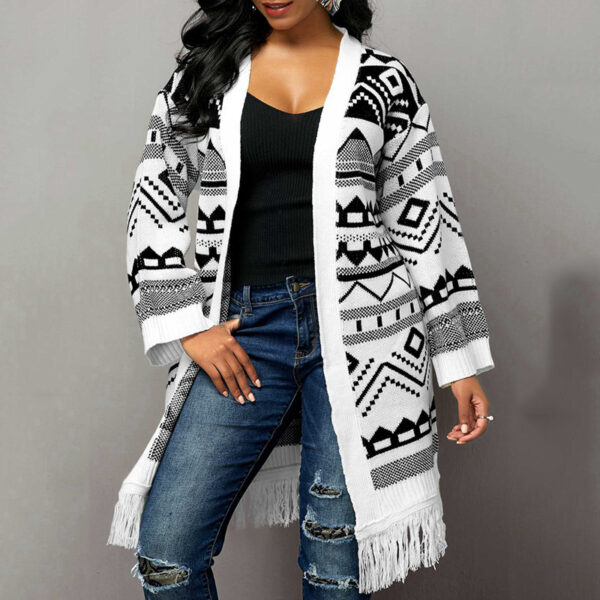 Ladies Tassel Hem Jacquard Cardigan Sweater - Image 2