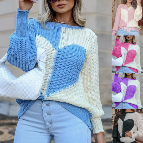 Ladies Elegant Flare Sleeve Love Contrast Color Knitted Sweater