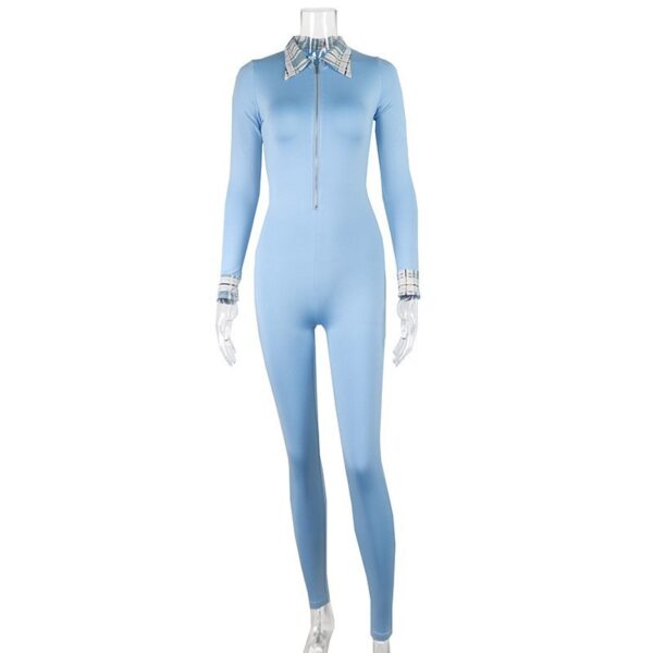 Solid Color Lapel Zip Tight Stretch Long Sleeve Yoga Dress Jumpsuit - Image 4