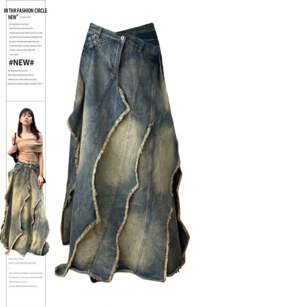 Plus Size Retro Y2g Irregular Lamination Cross Denim Long Skirts Female